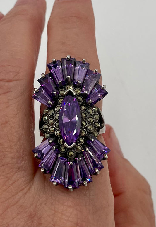 Vintage Marcasite Purple
Amethyst Marquise Baguette 1.5" Sterling Silver Ring Sz 6 - Vintosh Vintage