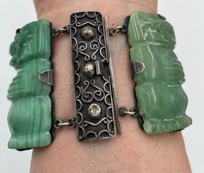 Vintage Mexico Aztec
Mayan Green Onyx Figural Statue Sterling Silver Chunky Panel
Bracelet - Vintosh Vintage