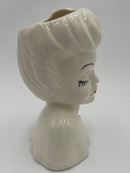 1950s Glamour Girl 5.25"
Head Vase White w/ Hand Painted Red Lips & Flowers - Vintosh Vintage