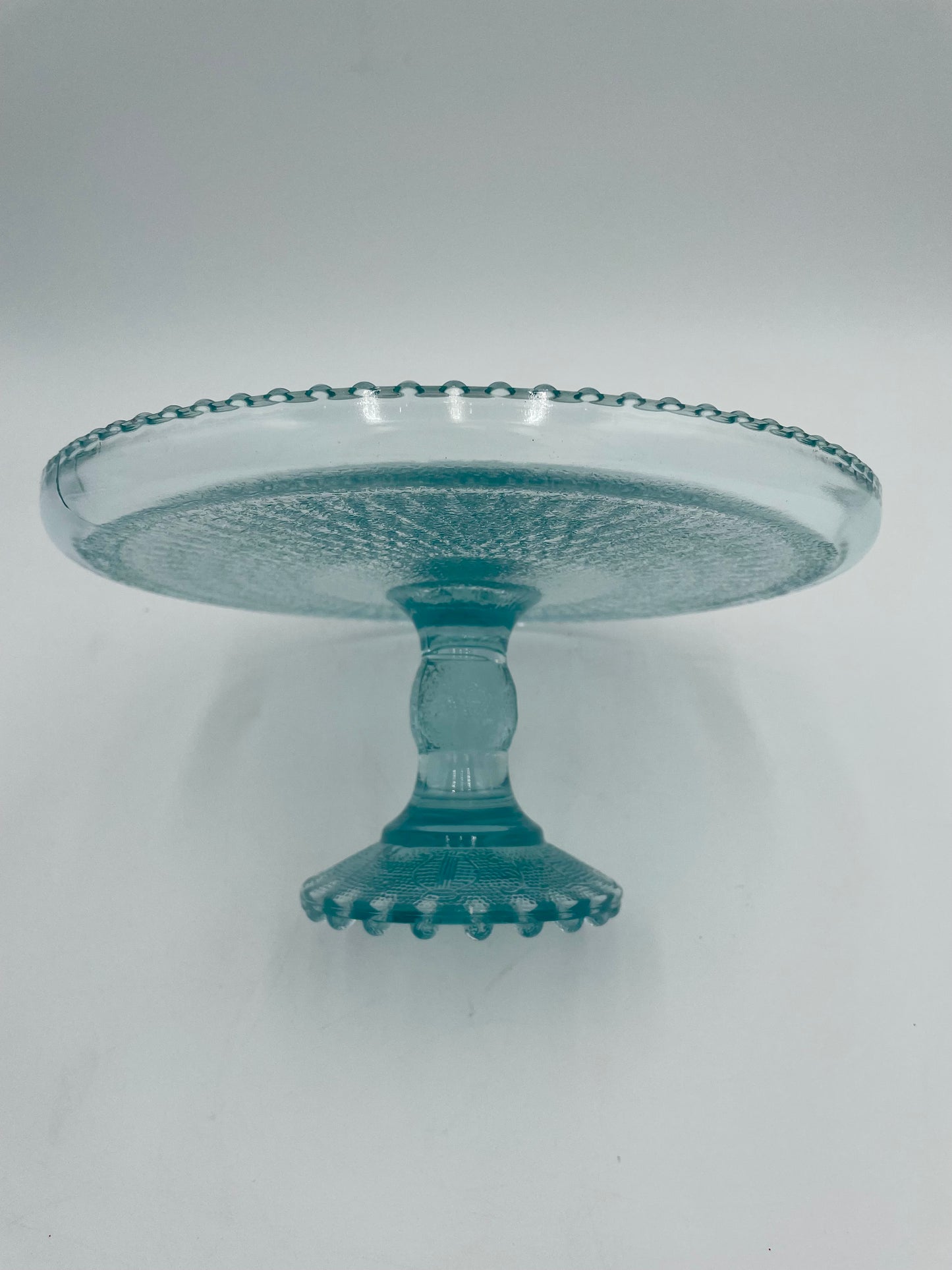 1950s Jeanette Glass Harp Ice Blue Diamond 10" Pedestal Cake Plate Stand Beaded Edge