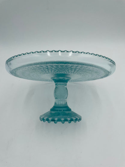 1950s Jeanette Glass Harp Ice Blue Diamond 10" Pedestal Cake Plate Stand Beaded Edge