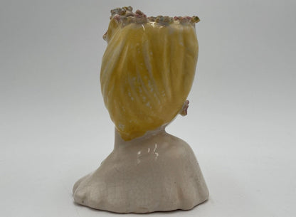1950s Porcelain Lady Head Vase 4.5" Blonde Floral Headband & Earrings - Vintosh Vintage