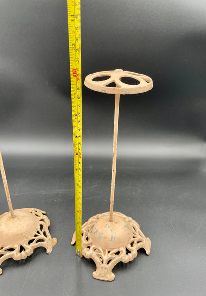 Two Antique Victorian Cast Iron Pale Pink Hat Stands - Vintosh Vintage