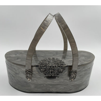 1950s WILARDY Lucite Handbag - Grey/Silver Swirl w/ Filigree (A5) - Vintosh Vintage