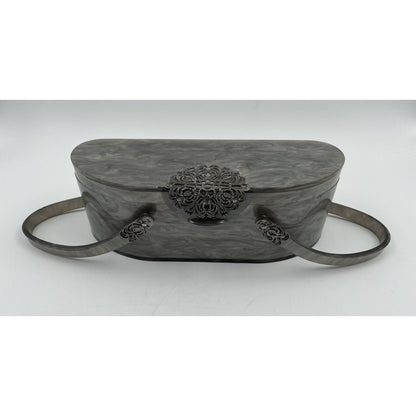 1950s WILARDY Lucite Handbag - Grey/Silver Swirl w/ Filigree (A5) - Vintosh Vintage