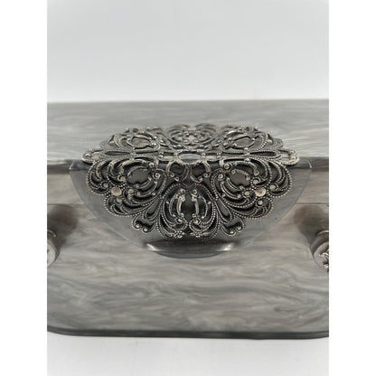1950s WILARDY Lucite Handbag - Grey/Silver Swirl w/ Filigree (A5) - Vintosh Vintage