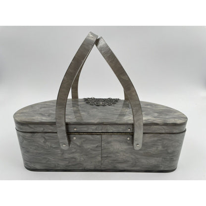 1950s WILARDY Lucite Handbag - Grey/Silver Swirl w/ Filigree (A5) - Vintosh Vintage