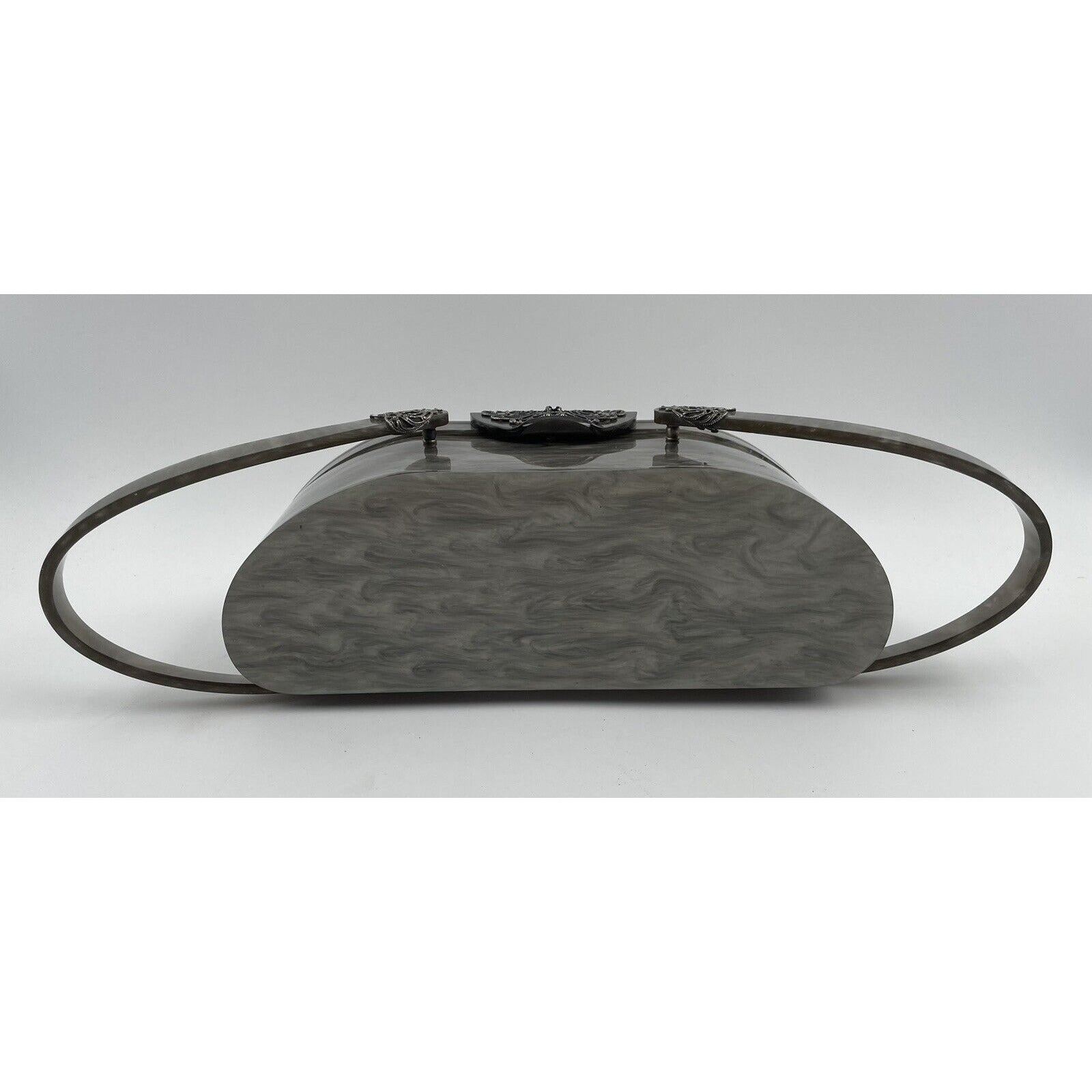 1950s WILARDY Lucite Handbag - Grey/Silver Swirl w/ Filigree (A5) - Vintosh Vintage