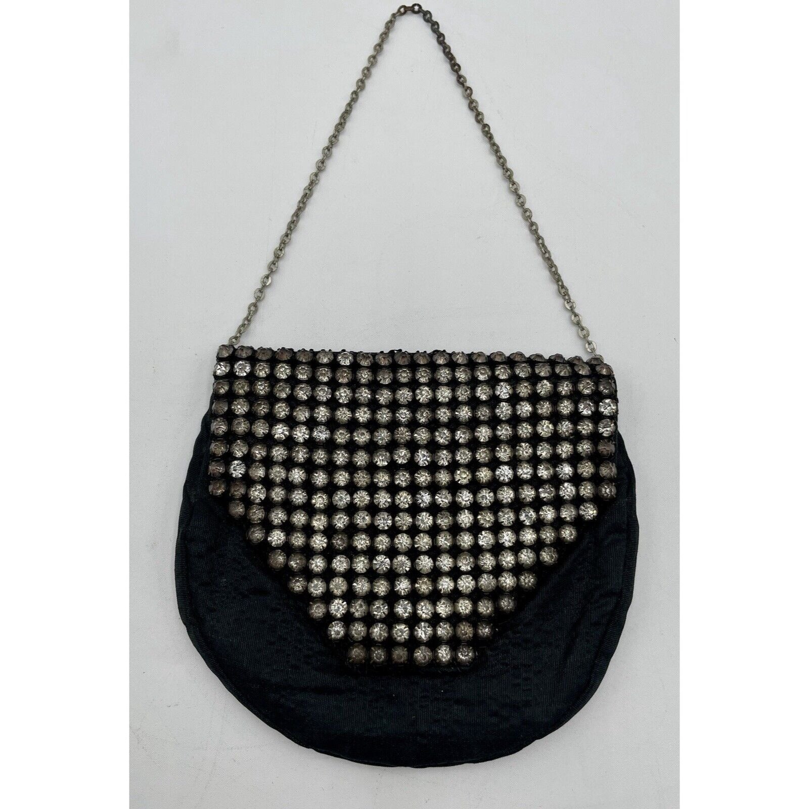 1950s Miniature Black Satin & Rhinestone Flap w/ Chain Handle (A5) - Vintosh Vintage