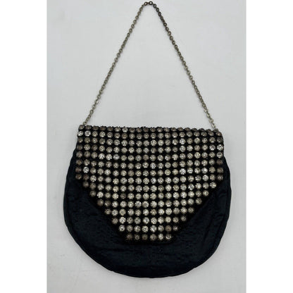 1950s Miniature Black Satin & Rhinestone Flap w/ Chain Handle (A5) - Vintosh Vintage