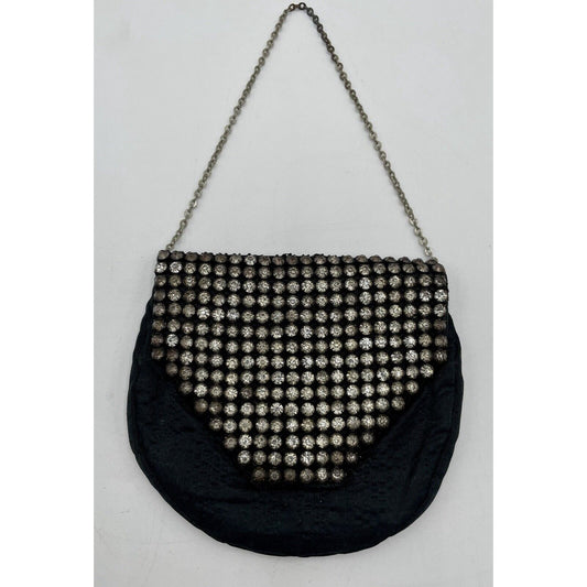 1950s Miniature Black Satin & Rhinestone Flap w/ Chain Handle (A5) - Vintosh Vintage
