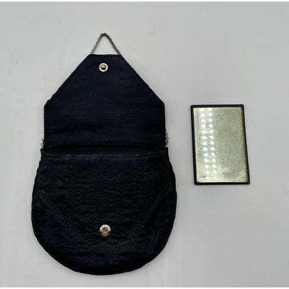 1950s Miniature Black Satin & Rhinestone Flap w/ Chain Handle (A5) - Vintosh Vintage