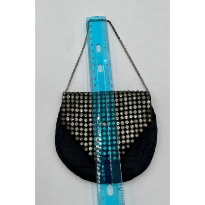 1950s Miniature Black Satin & Rhinestone Flap w/ Chain Handle (A5) - Vintosh Vintage