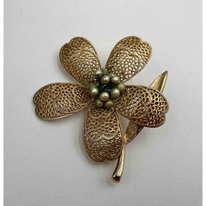 Vintage Judy Lee Signed Gold Tone Filagree Faux Pear Flower Brooch Pin (A1)