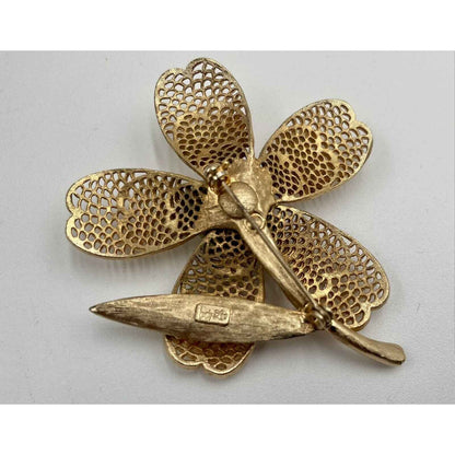 Vintage Judy Lee Signed Gold Tone Filagree Faux Pear Flower Brooch Pin (A1)