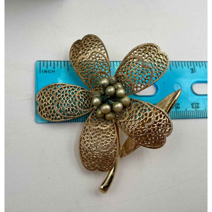 Vintage Judy Lee Signed Gold Tone Filagree Faux Pear Flower Brooch Pin (A1)