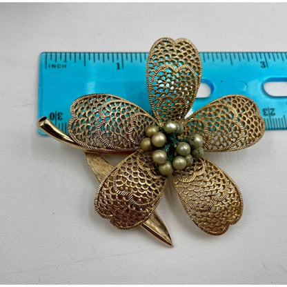 Vintage Judy Lee Signed Gold Tone Filagree Faux Pear Flower Brooch Pin (A1)
