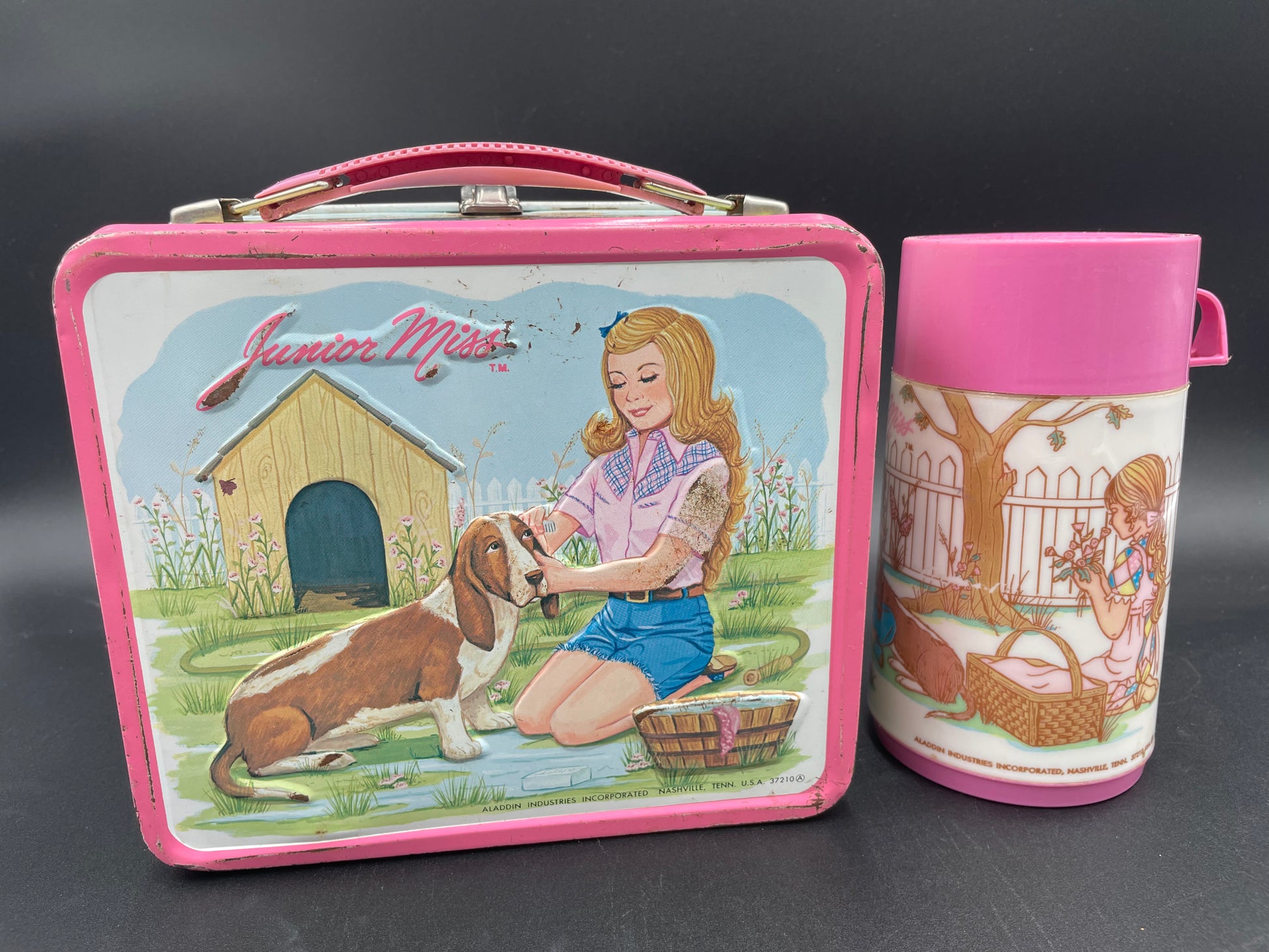 Collectible 1978 PINK JUNIOR MISS w/ Basset Hound Aladdin Metal Lunchbox & Thermos - Vintosh Vintage