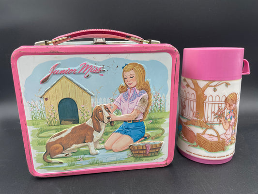 Collectible 1978 PINK JUNIOR MISS w/ Basset Hound Aladdin Metal Lunchbox & Thermos - Vintosh Vintage