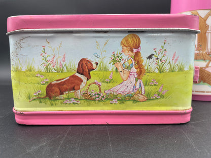 Collectible 1978 PINK JUNIOR MISS w/ Basset Hound Aladdin Metal Lunchbox & Thermos - Vintosh Vintage