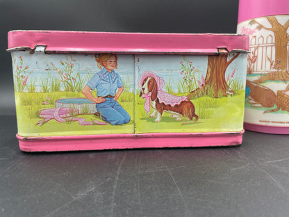 Collectible 1978 PINK JUNIOR MISS w/ Basset Hound Aladdin Metal Lunchbox & Thermos - Vintosh Vintage