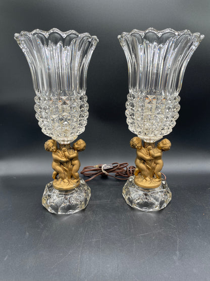 Two Vintage Heavy Brass Cherub Table Lamps Crystal Base & Shade 14.5" Tall