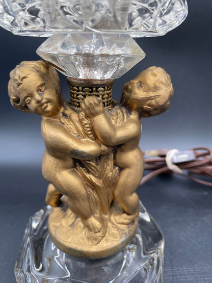 Two Vintage Heavy Brass Cherub Table Lamps Crystal Base & Shade 14.5" Tall