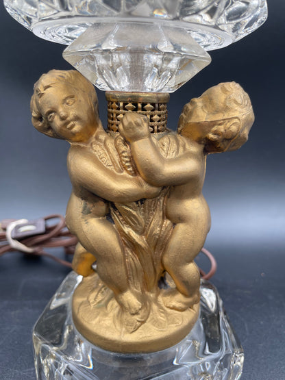 Two Vintage Heavy Brass Cherub Table Lamps Crystal Base & Shade 14.5" Tall