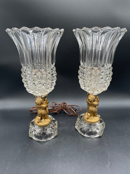 Two Vintage Heavy Brass Cherub Table Lamps Crystal Base & Shade 14.5" Tall