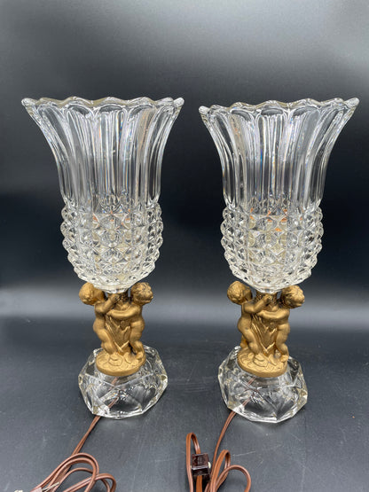 Two Vintage Heavy Brass Cherub Table Lamps Crystal Base & Shade 14.5" Tall