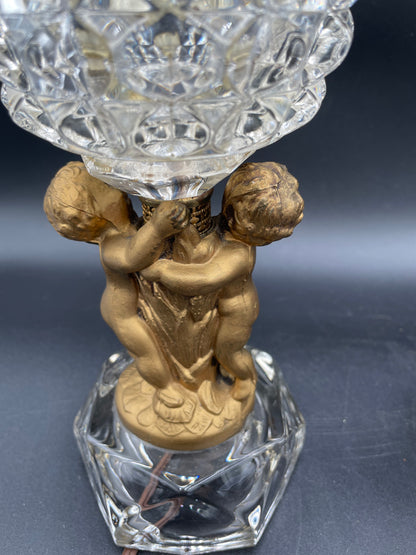 Two Vintage Heavy Brass Cherub Table Lamps Crystal Base & Shade 14.5" Tall