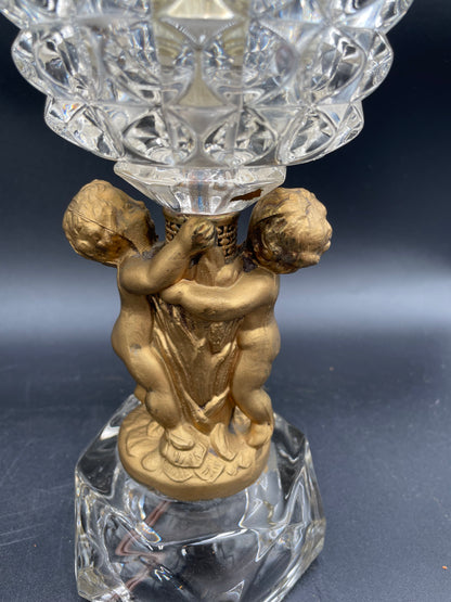Two Vintage Heavy Brass Cherub Table Lamps Crystal Base & Shade 14.5" Tall