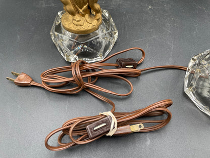 Two Vintage Heavy Brass Cherub Table Lamps Crystal Base & Shade 14.5" Tall