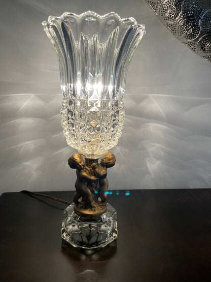 Two Vintage Heavy Brass Cherub Table Lamps Crystal Base & Shade 14.5" Tall