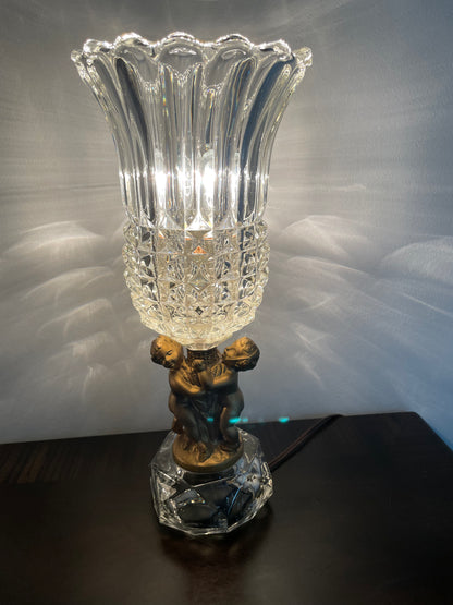 Two Vintage Heavy Brass Cherub Table Lamps Crystal Base & Shade 14.5" Tall