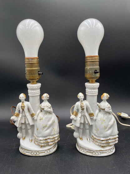 Pair of Vintage Porcelain Victorian Courting Couple Lamps w/ Blue Paper Shades