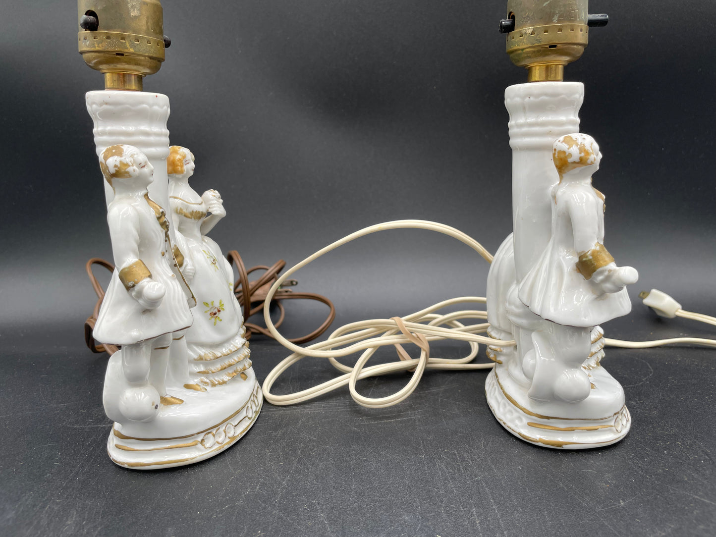 Pair of Vintage Porcelain Victorian Courting Couple Lamps w/ Blue Paper Shades