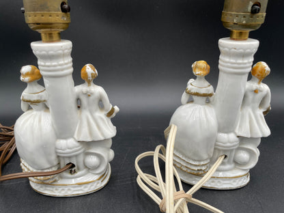 Pair of Vintage Porcelain Victorian Courting Couple Lamps w/ Blue Paper Shades