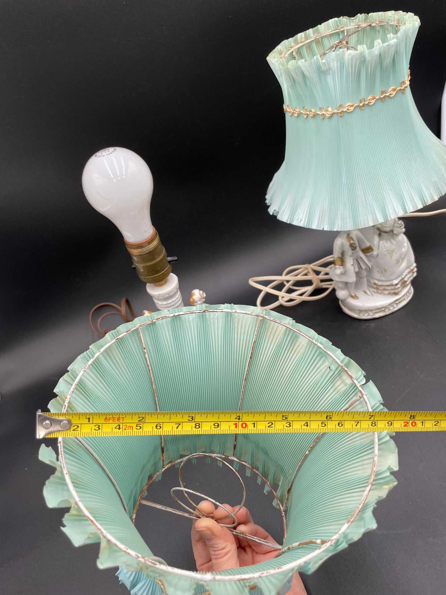 Pair of Vintage Porcelain Victorian Courting Couple Lamps w/ Blue Paper Shades