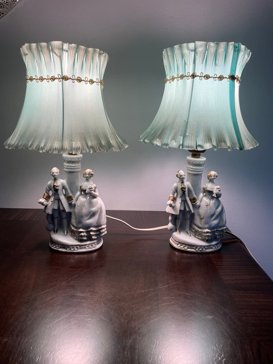 Pair of Vintage Porcelain Victorian Courting Couple Lamps w/ Blue Paper Shades