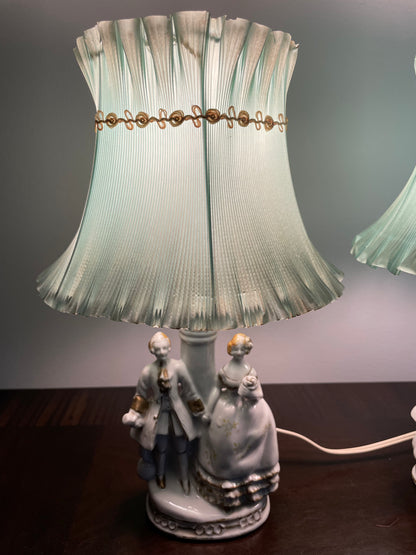 Pair of Vintage Porcelain Victorian Courting Couple Lamps w/ Blue Paper Shades