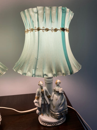 Pair of Vintage Porcelain Victorian Courting Couple Lamps w/ Blue Paper Shades