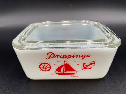 Vintage McKee White Red Ships Small Rectangular 4" x 5"
Drippings Jar with Clear Glass Lid