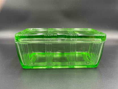 Vintage Hazel Atlas Green Criss Cross Uranium Refrigerator Dish w/Lid