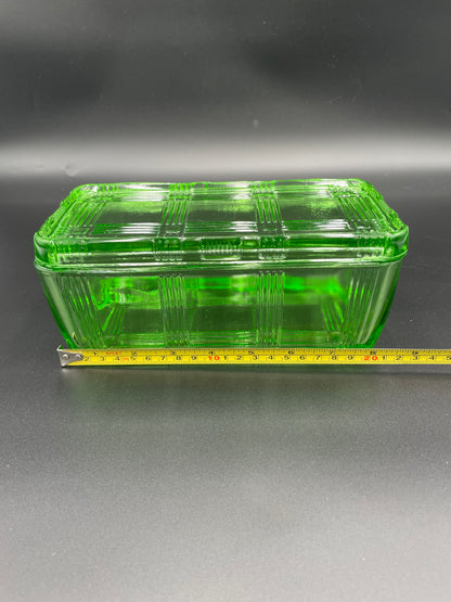 Vintage Hazel Atlas Green Criss Cross Uranium Refrigerator Dish w/Lid