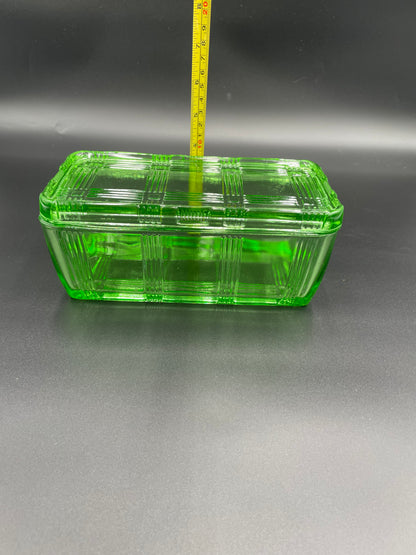 Vintage Hazel Atlas Green Criss Cross Uranium Refrigerator Dish w/Lid