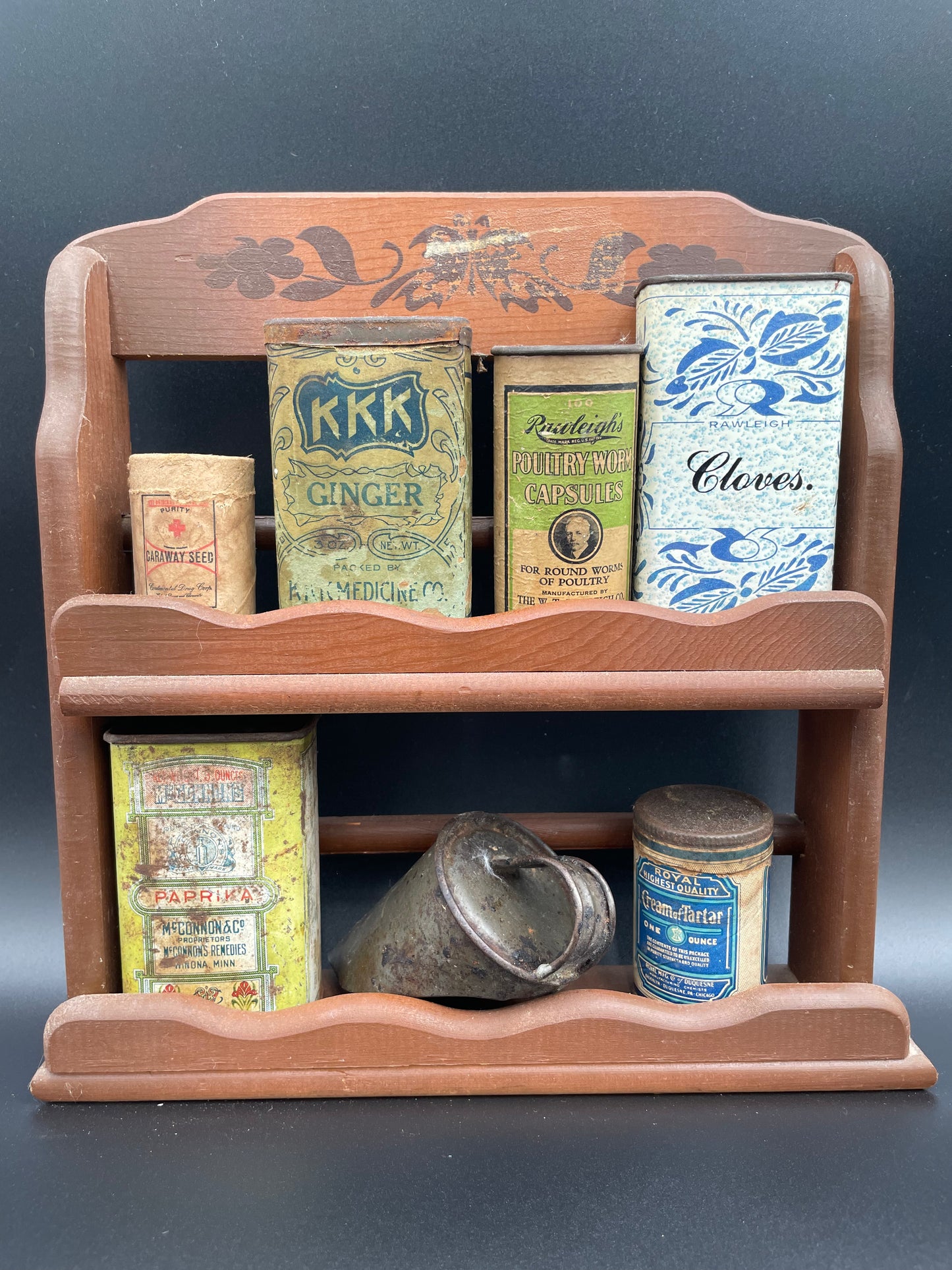 Vintage Wooden Spice Rack w/ Various Old Spice & Remedy Tins
