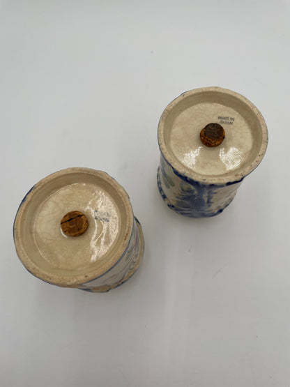 Vintage Large Ceramic Salt & Pepper Shakers Hand Painted Floral & Cobalt Blue - Japan