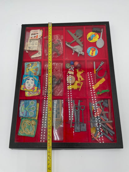 1960s Gumball Machine & Cracker Jacks Prizes in 12 Panel Display Case 45+ Collectible Trinkets