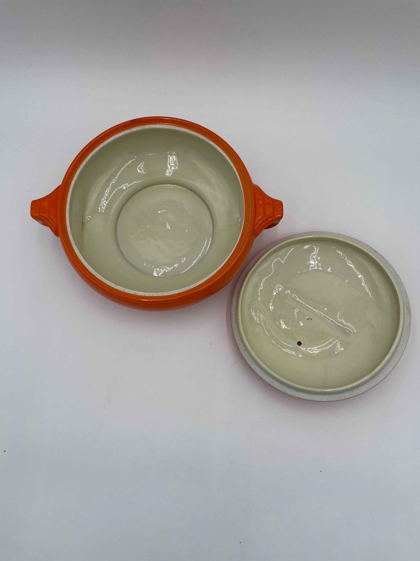 Vintage Art Deco Hall's Orange Ceramic Sun Dial
Covered Dish